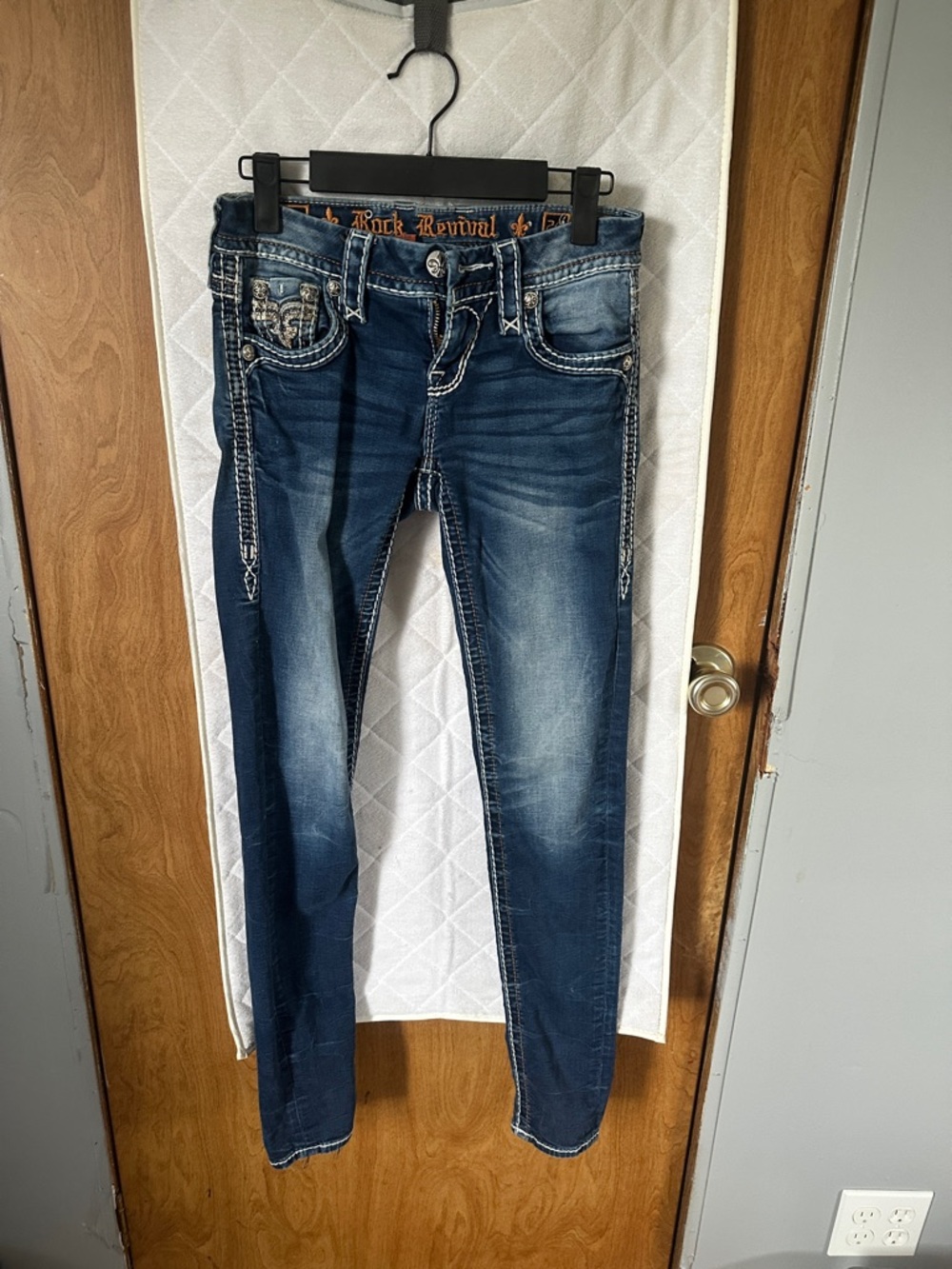 Rock Revival Dark Blue Washed Skinny Jeans with Contrast Stitching